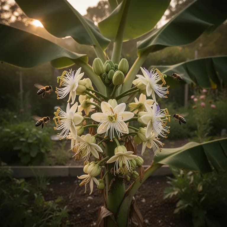Röhrenförmige rosa Blüte von Passiflora mollissima mit auffälligen grünen Kelchblättern und zarten Kronenfäden