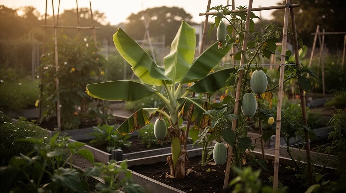Bananen-Passionsfrucht-Pflanze wächst kräftig über eine Gartenpergola mit hängenden rosa Blüten