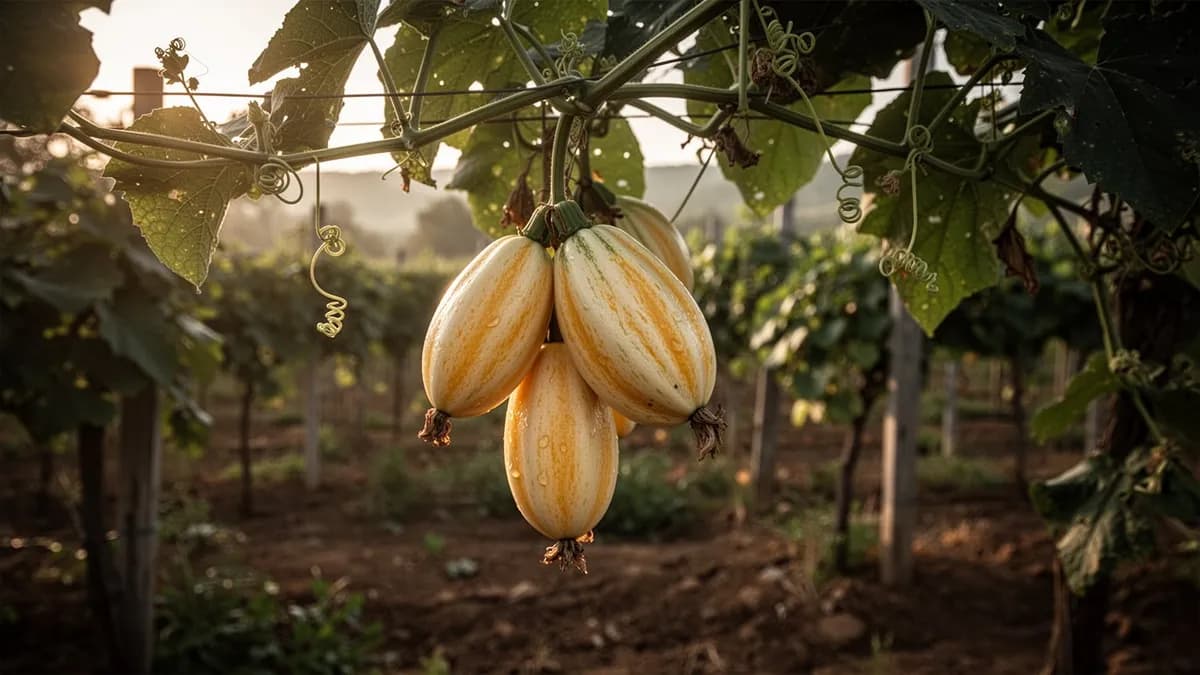 La enredadera de pasiflora banana creciendo con vigor sobre una pérgola de jardín con flores rosadas colgantes