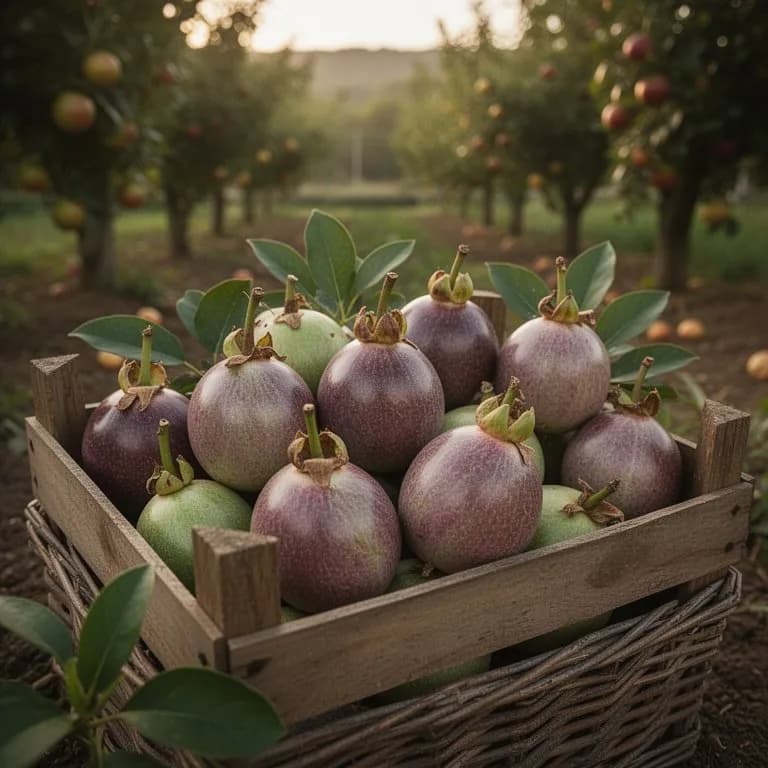 Racimo de frutos maduros de maracuyá morado, de color púrpura intenso, colgando de una enredadera exuberante