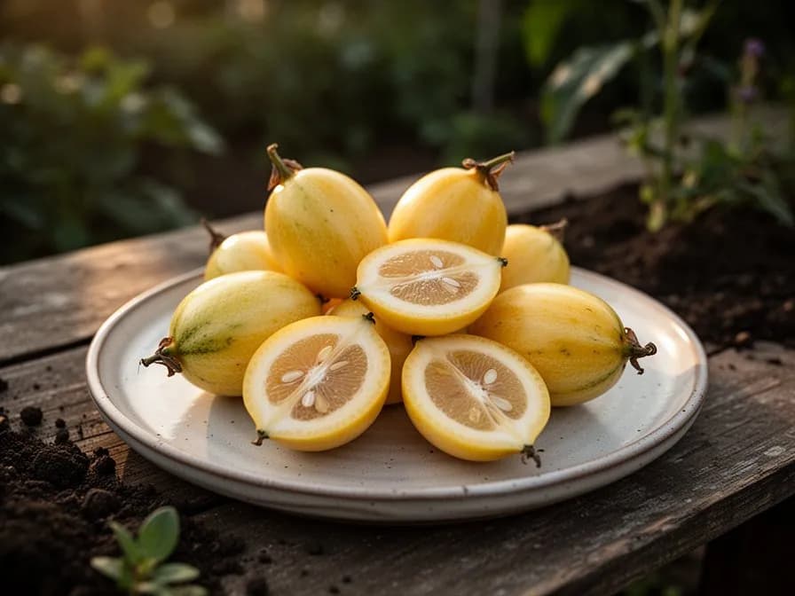 Gelbe Passionsfrucht halbiert, mit leuchtend orangefarbenem, aromatischem Fruchtfleisch und dunklen Kernen