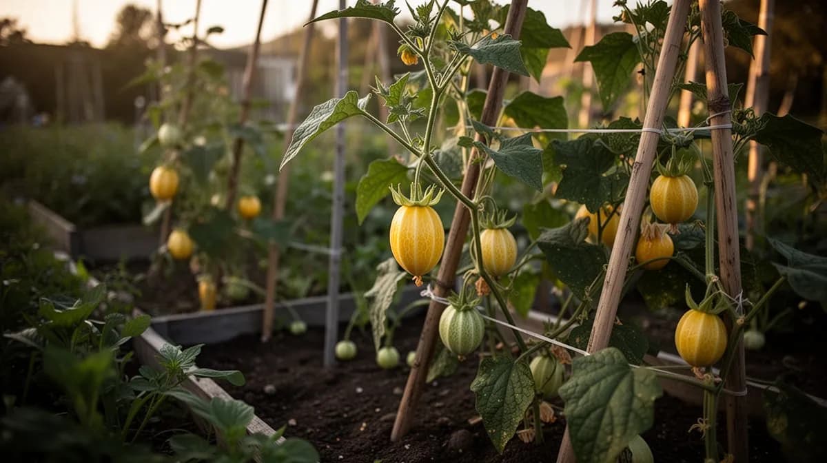 Gelbe Passionsfrucht-Rebe, die an einem T-förmigen Spalier in einem tropischen Garten gezogen wird