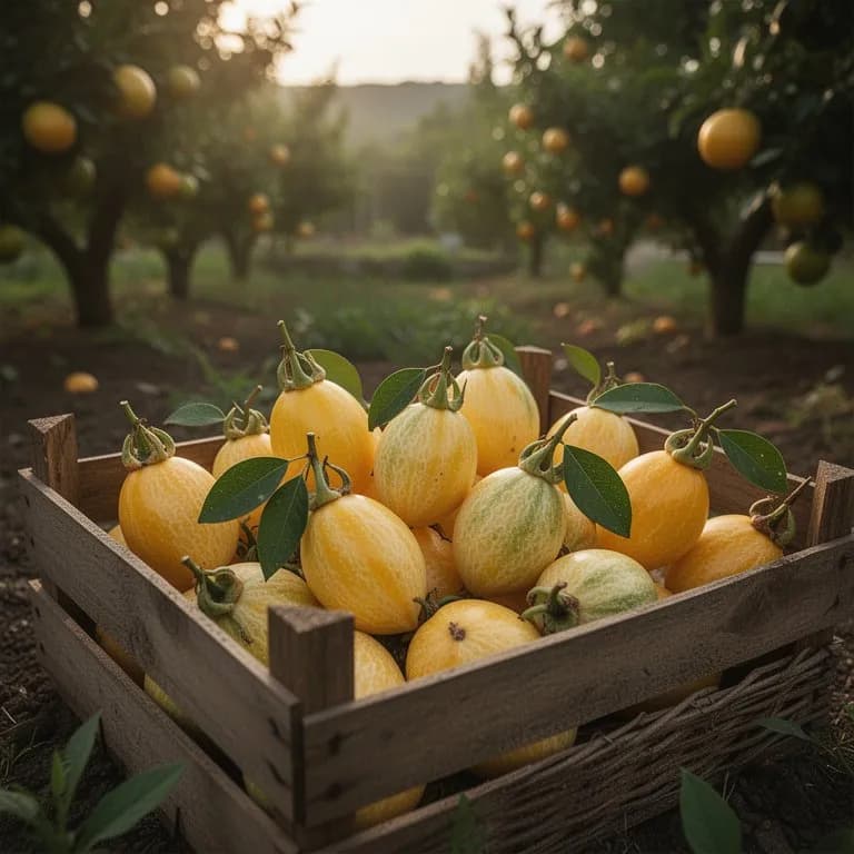 Frutos de maracuyá amarillo de color dorado brillante colgando en racimos de una liana tropical vigorosa
