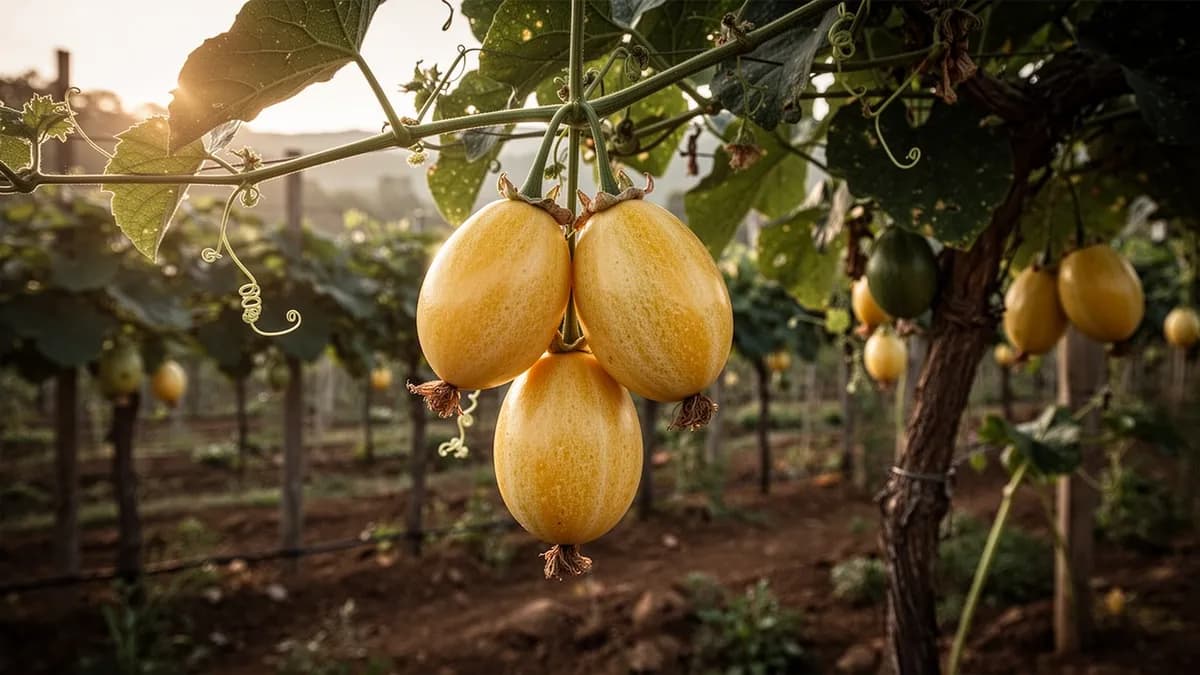 Jardinero podando y guiando los brotes laterales de una liana de maracuyá amarillo en un emparrado de alambres