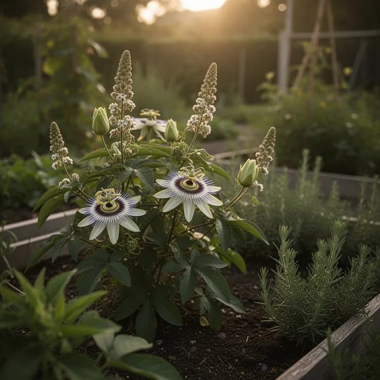 Voll geöffnete Passiflora incarnata-Blüte mit geschichteten lila und weißen Filamenten, die von der zentralen Korona ausstrahlen
