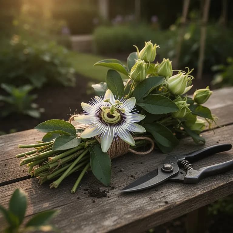 Reife gelbgrüne Maypop-Frucht, die an einer Passionsblumenranke zwischen tief gelappten Blättern hängt
