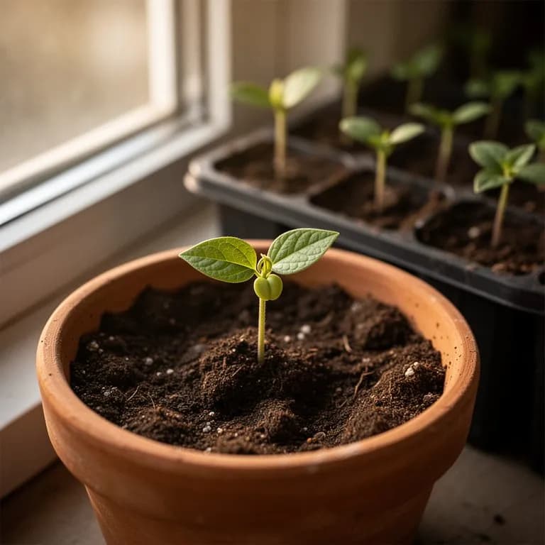 Junger Passionsblumen-Sämling mit ersten echten gelappten Blättern, die aus feuchter Anzuchterde hervortreten