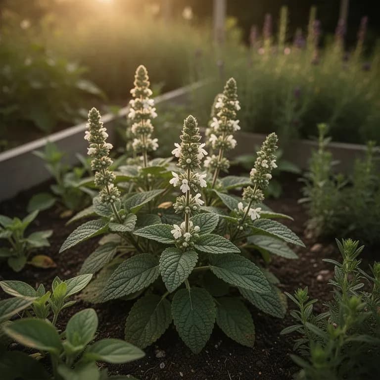 Planta de pachulí produciendo delicadas espigas florales blancas y moradas