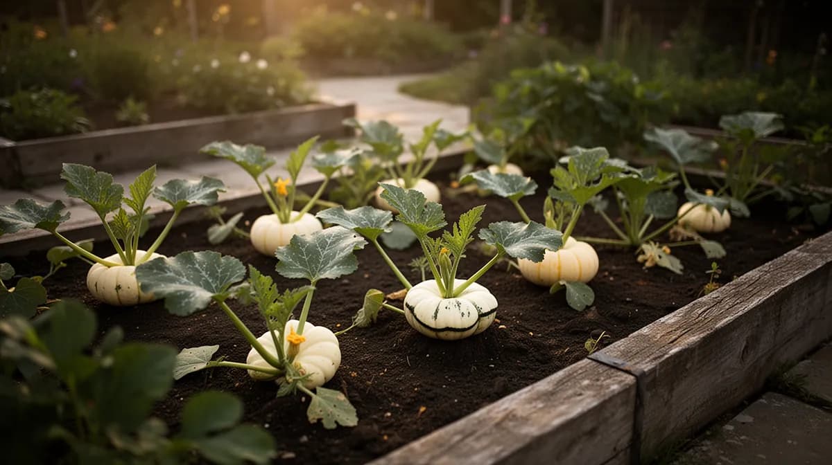 Compact patty pan squash bush plant loaded with scalloped fruits in a raised bed