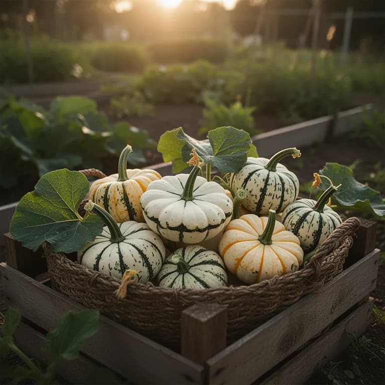 Colorful assortment of white, yellow, and green patty pan squash in a harvest basket