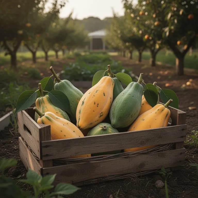 Hände wiegen sanft eine frisch gepflückte reife Papau-Frucht mit gelblicher Schale