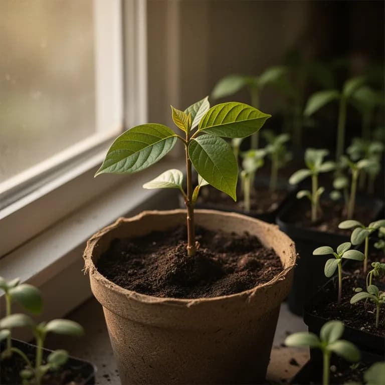 Plántula joven de asimina emergiendo del suelo
