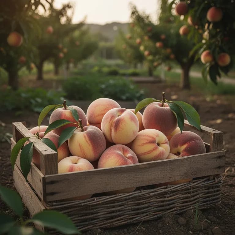 Hand gently picking a ripe peach from a branch with a slight upward twist
