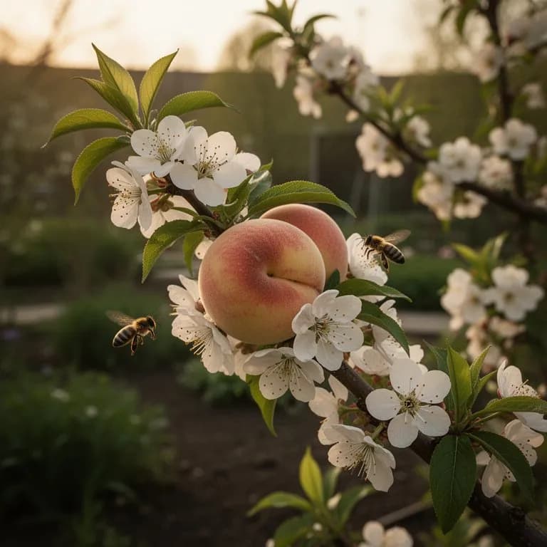 Donut peach tree branch covered in pale pink blossoms in early spring