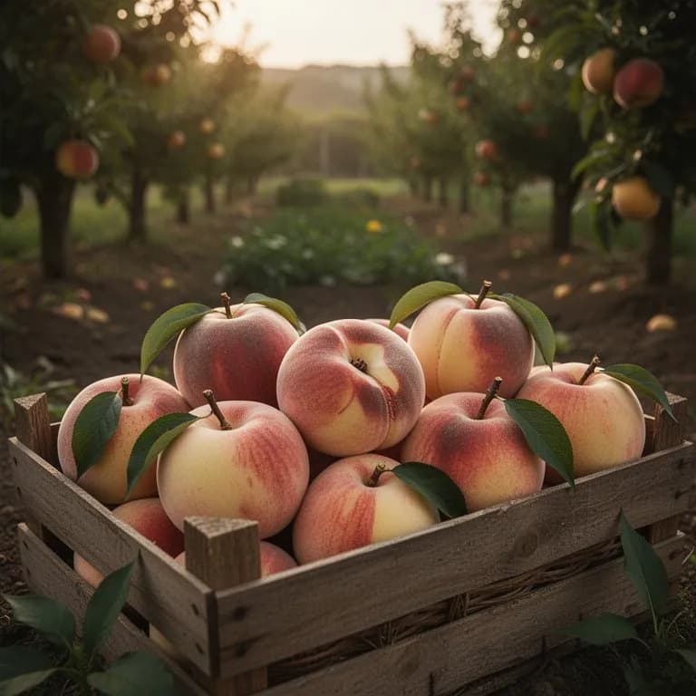 Several ripe donut peaches hanging from a leafy branch in summer sunshine