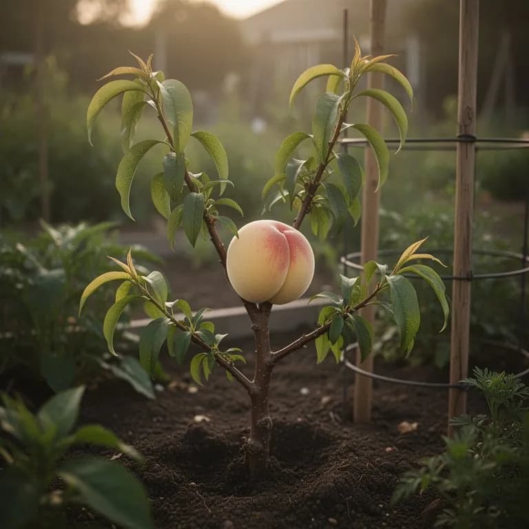 Young donut peach tree trained as a fan espalier against a warm brick wall