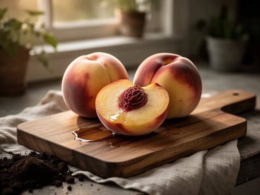 Cross-section of a ripe Elberta peach showing deep golden-yellow flesh cleanly separating from the red-stained freestone pit