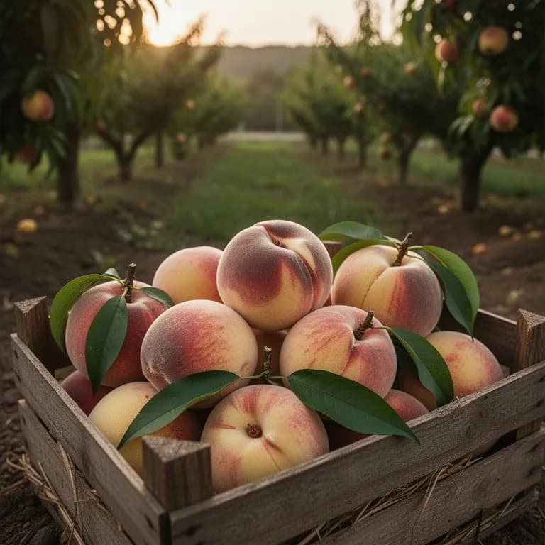 Cluster of large, golden-yellow Elberta peaches with deep crimson blush hanging on leafy branches in late summer