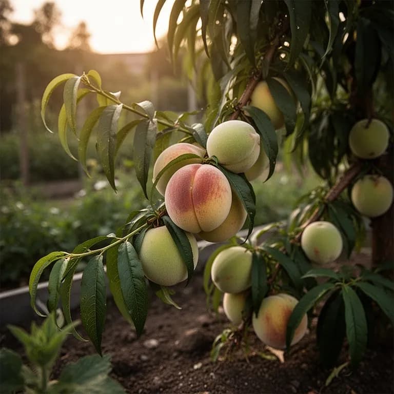 Mature Elberta peach tree pruned to an open-center vase form showing three main scaffold branches with no central leader