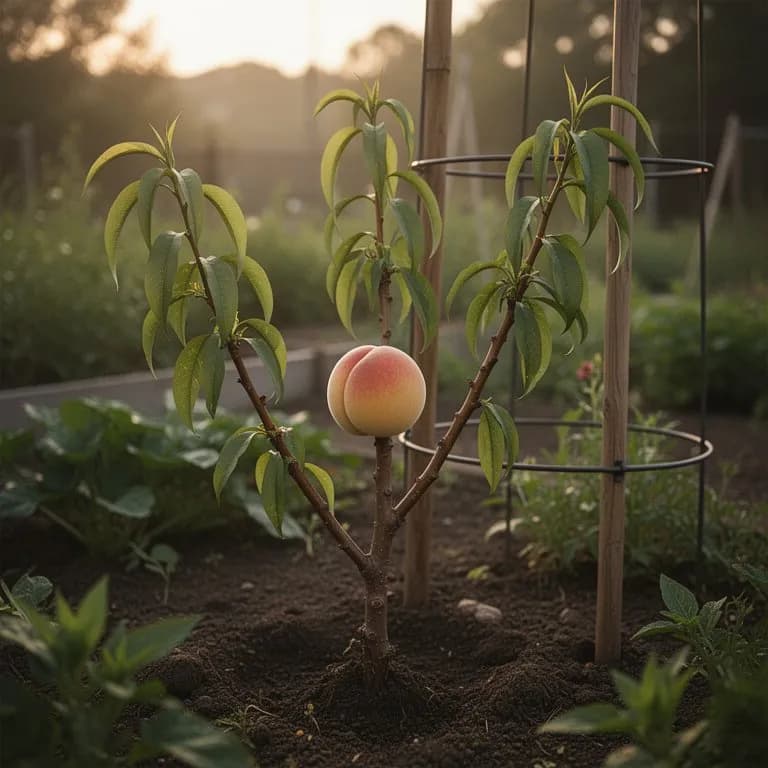 Young Elberta peach tree sapling with bare branches planted in well-prepared loamy garden soil with a support stake