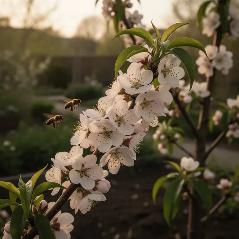 Äste eines Georgia Belle Pfirsichbaums bedeckt mit zartrosafarbenen Blüten im zeitigen Frühjahr