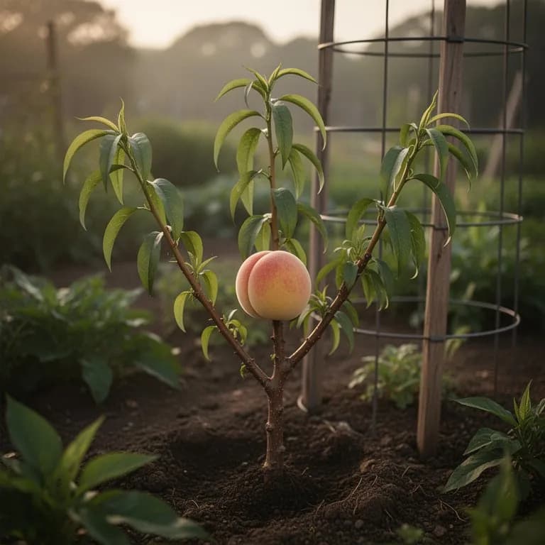 Junger Georgia Belle Pfirsichbaum mit frischem grünen Austrieb in einem gut vorbereiteten Gartenbeet