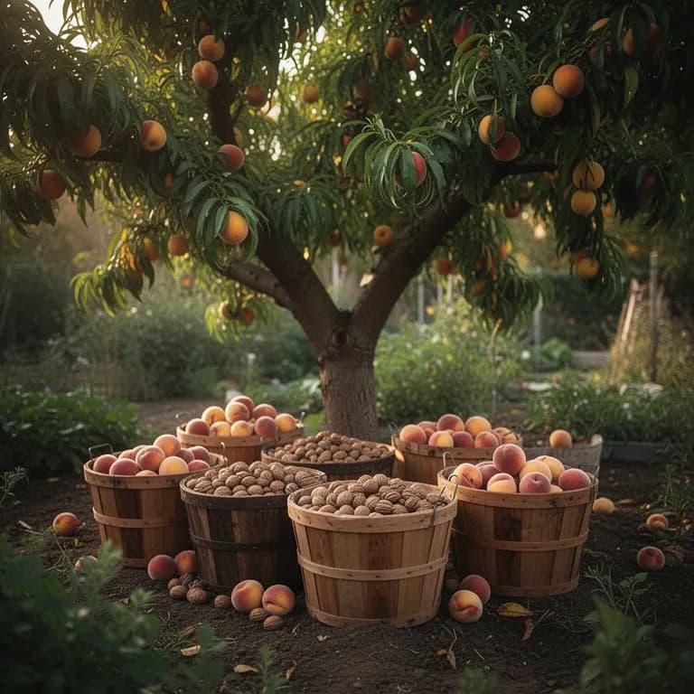 Ripe golden-orange peaches hanging on the branch