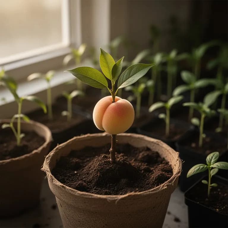 Young peach tree seedling with first leaves emerging