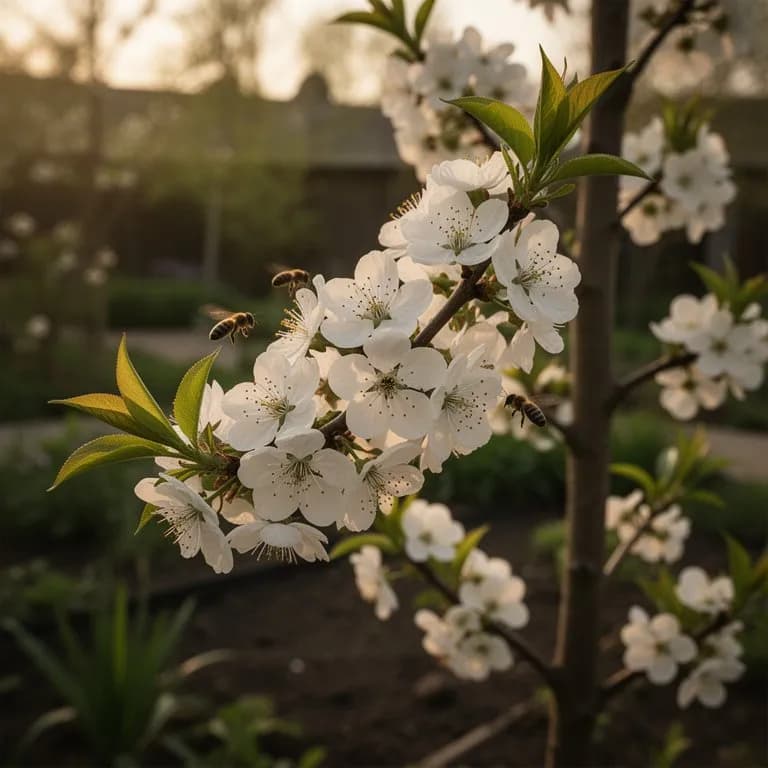 Nahaufnahme von Blüten eines weißen Pfirsichbaums mit blassrosa Blütenblättern und gelben Staubgefäßen im zeitigen Frühling