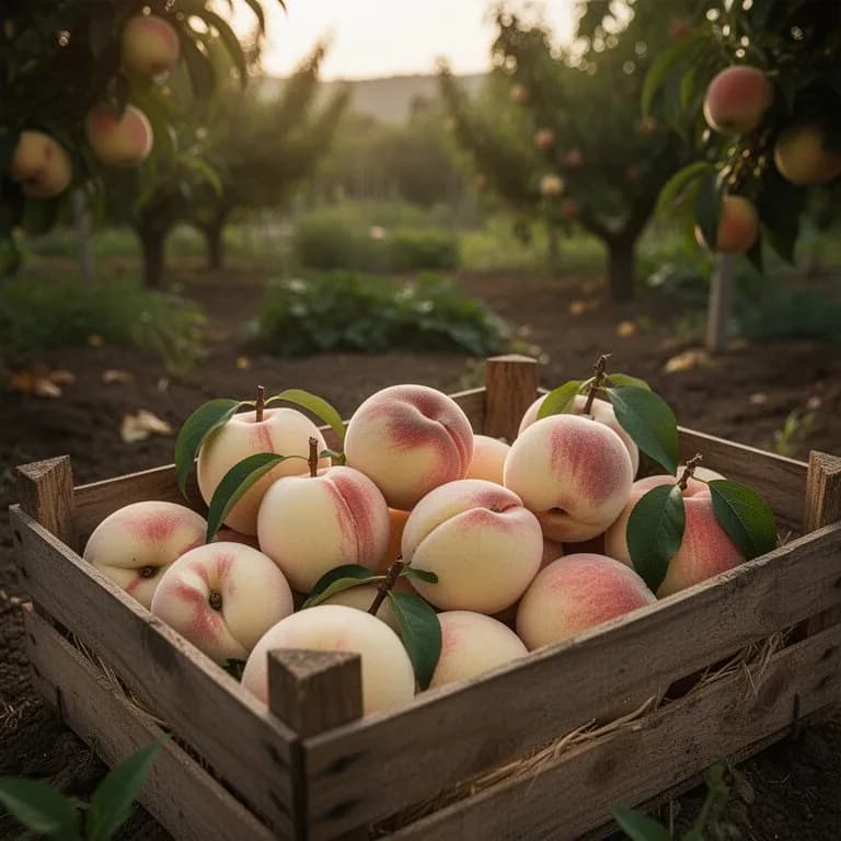 Gärtner, der im Frühsommer kleine weiße Pfirsichfrüchtchen von einem schwer beladenen Ast ausdünnt