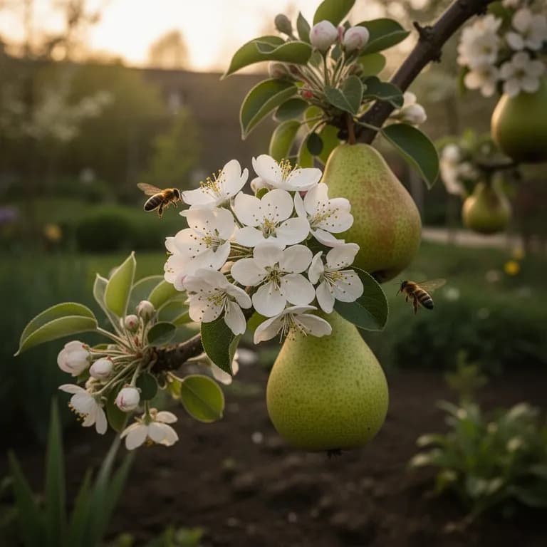 Äste eines Anjou-Birnbaums bedeckt mit Büscheln weißer fünfblättriger Blüten