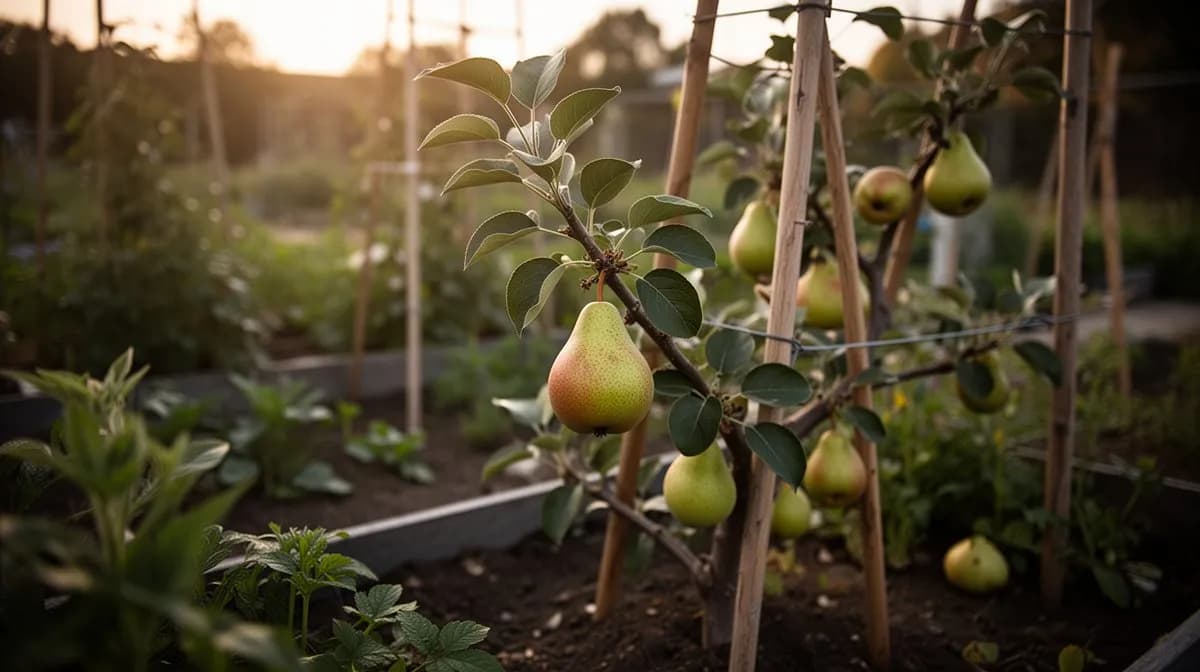 Ausgewachsener Anjou-Birnbaum voller grüner Früchte in einer Obstplantage im Pazifischen Nordwesten