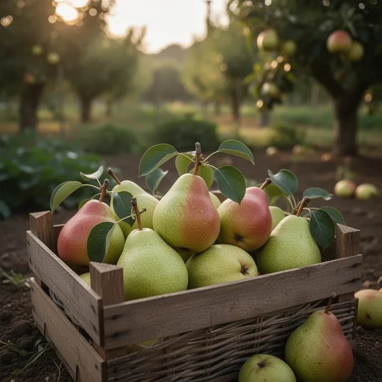 Holzkisten voller frisch gepflückter grüner Anjou-Birnen, bereit für die Kühllagerung