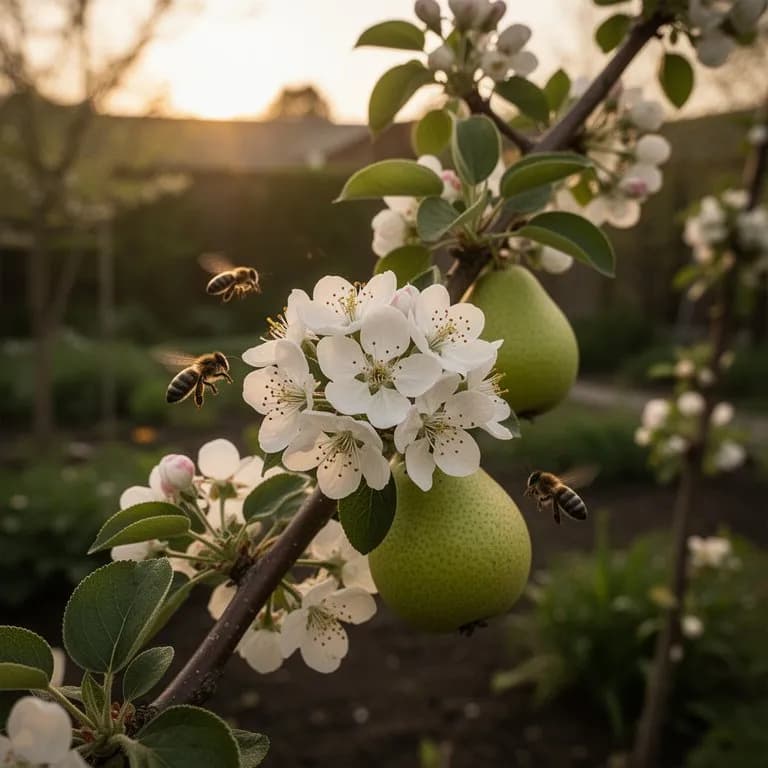 Pera asiática cubierta de flores blancas a comienzos de la primavera