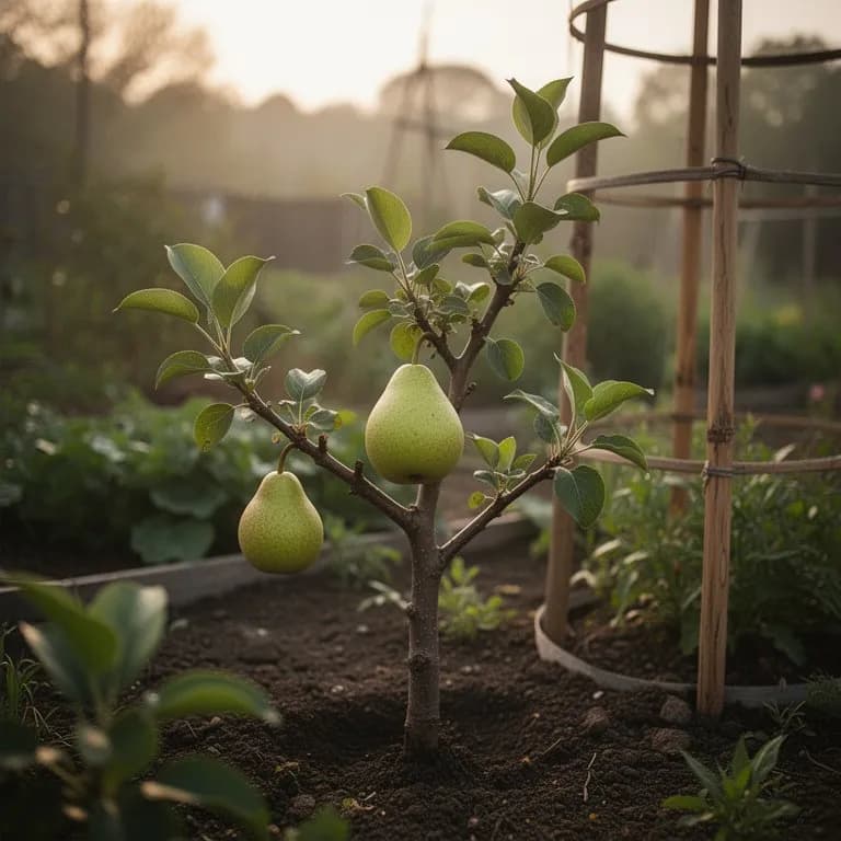Joven plantón de pera asiática plantado en un bancal soleado con un tutor de apoyo