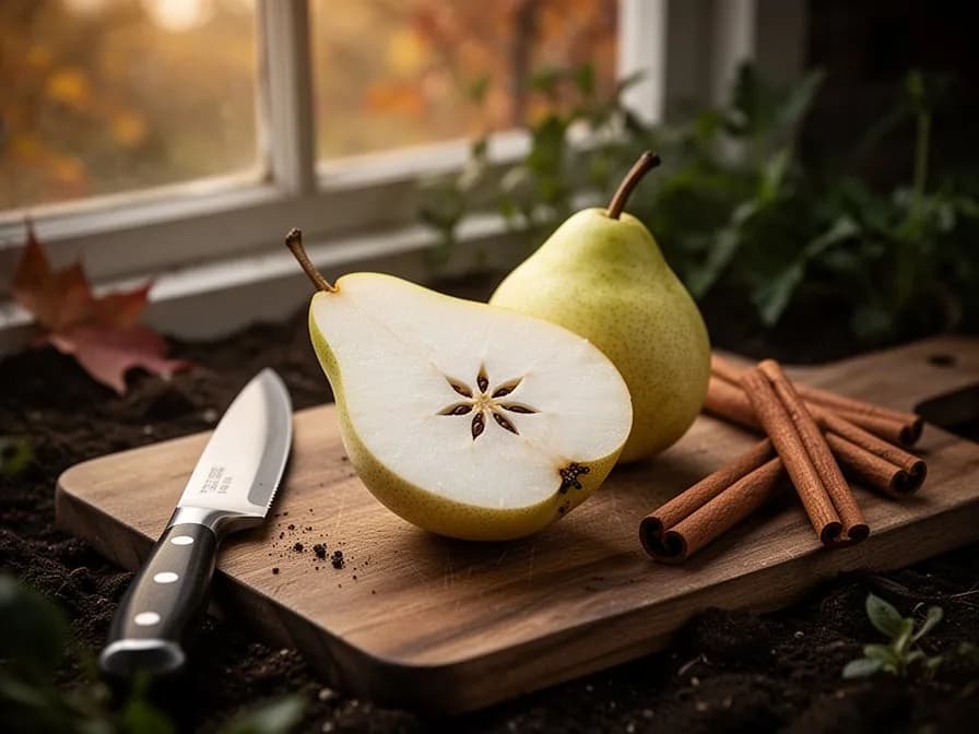 Halbierte Bartlett-Birne mit cremig weißem Fruchtfleisch, kleinem Kerngehäuse und tropfenförmiger Silhouette