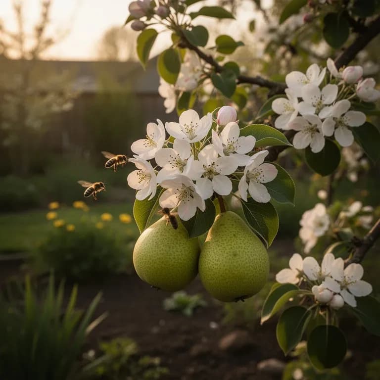 Bartlett-Birnbaum bedeckt mit weißen Blüten vor einem klaren blauen Frühlingshimmel