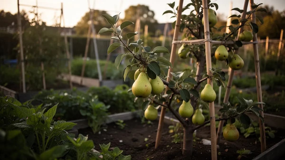 Lange Reihe ausgewachsener Bartlett-Birnbäume in einer kommerziellen Plantage, schwer beladen mit reifenden Früchten