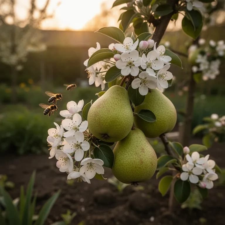 Bosc-Birnbaum bedeckt mit weißen Blüten im zeitigen Frühjahr