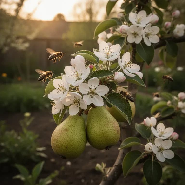 Ramas de peral Conference cubiertas de flores blancas de primavera con anteras de punta rosada