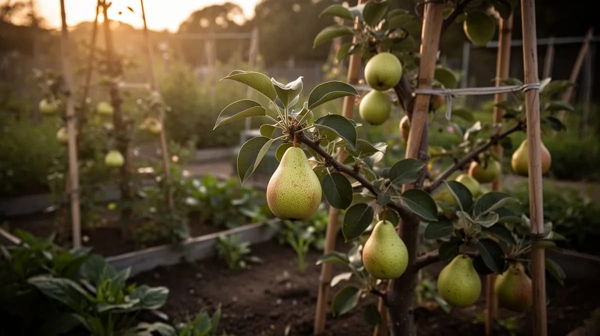 Peral Conference con consuelda y cebollino plantados debajo como compañeras