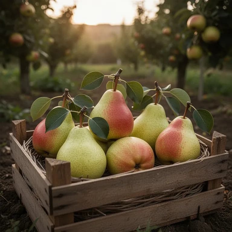 Hand pflückt vorsichtig eine reife Forelle-Birne mit rotgesprenkelter Schale von einem voll behangenen Ast