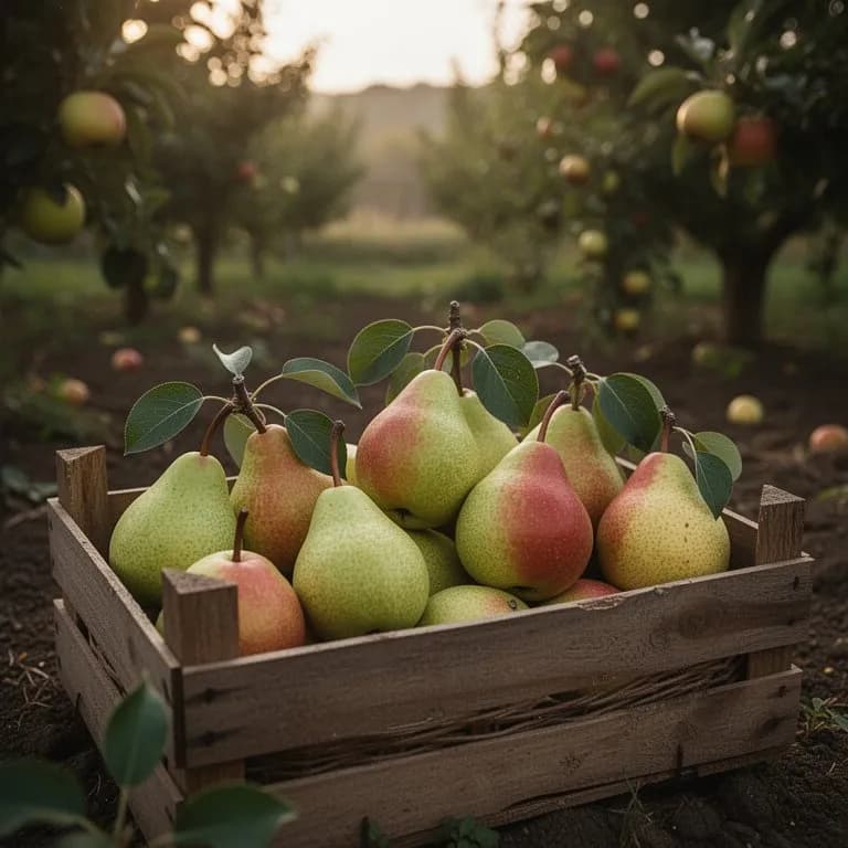 Büschel kleiner reifer Seckel-Birnen, die im Herbst an einem schwer beladenen Ast hängen