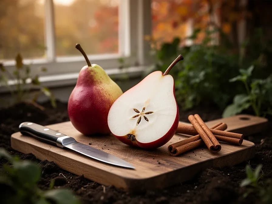 Querschnitt einer Starkrimson-Birne mit cremig-weißem, saftigem Fruchtfleisch und kleinem Kerngehäuse