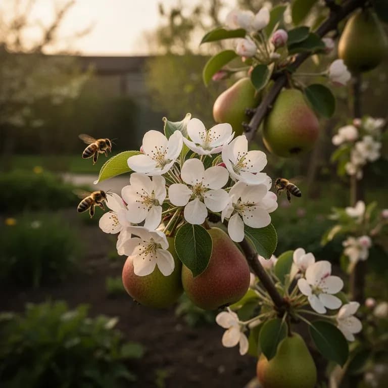 Weiße Blüten bedecken einen Starkrimson-Birnbaum im frühen Frühlingslicht