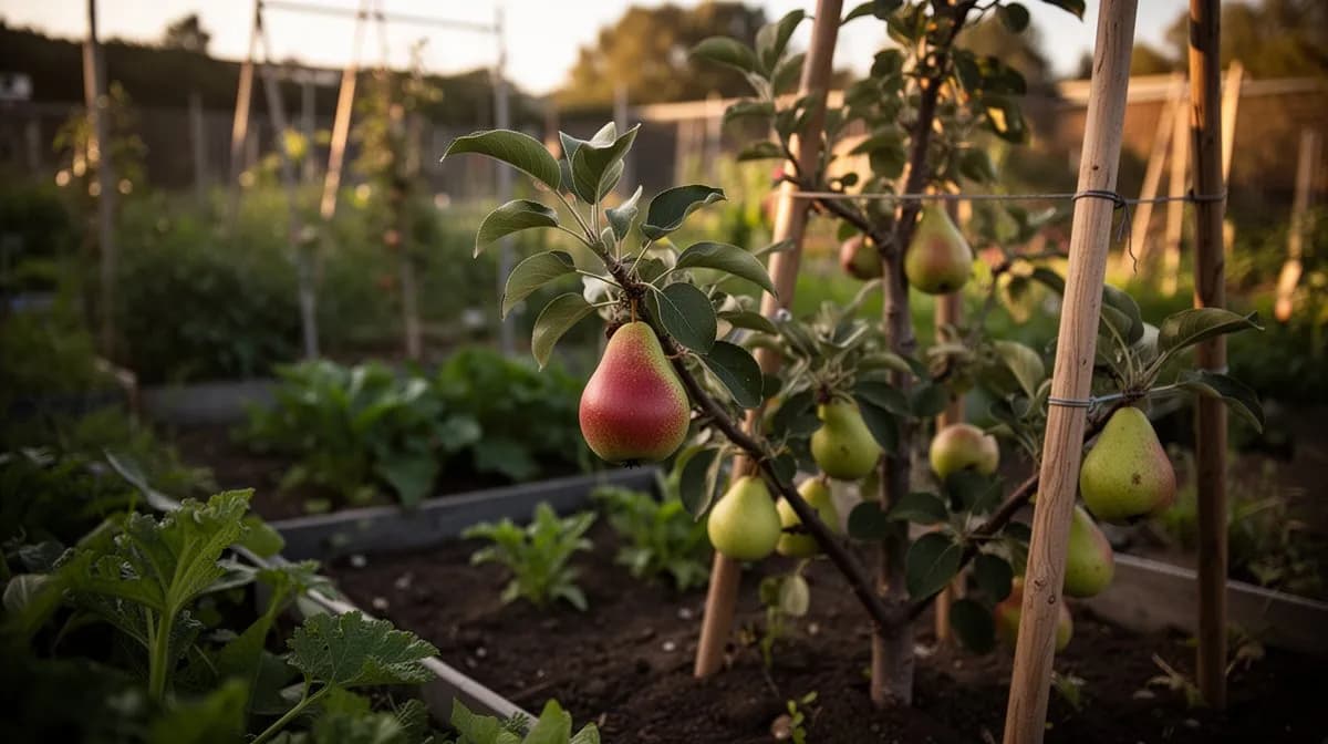 Starkrimson-Birnbaum mit leuchtend roten Früchten an den Ästen im Spätsommer