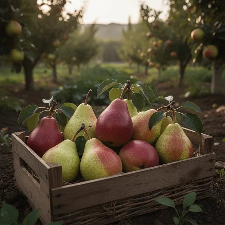 Hand dreht behutsam eine reife Starkrimson-Birne bei der Ernte vom Ast