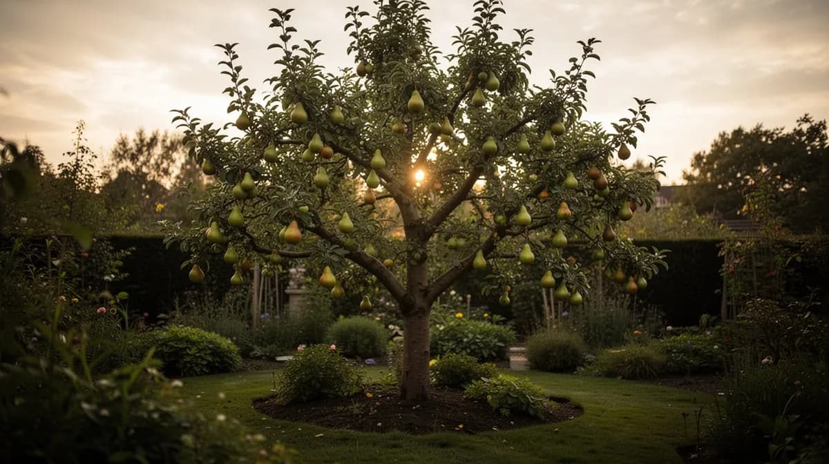 Mature pear tree with a broad spreading canopy laden with fruit in late summer