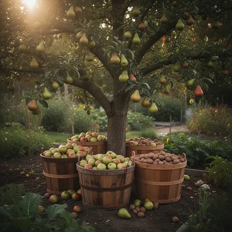 Clusters of green pears gradually turning golden as they approach harvest maturity