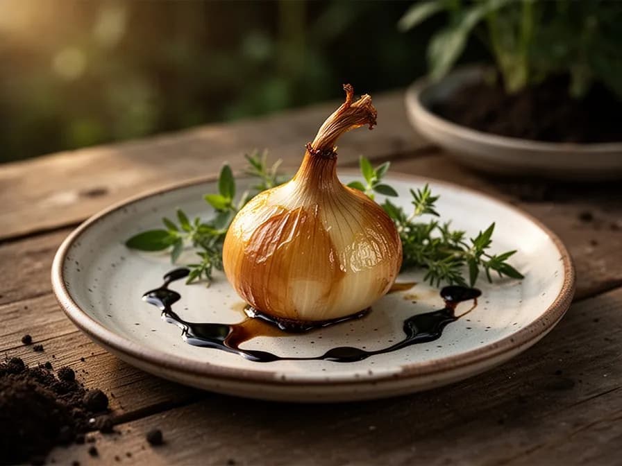 Ganze goldene Perlzwiebeln, tief karamellisiert mit Butter und frischem Thymian in einer gusseisernen Pfanne geröstet
